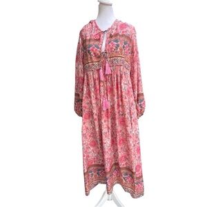 R. VIVIMOS M pink floral boho tie front tassel long sleeve midi/maxi dress